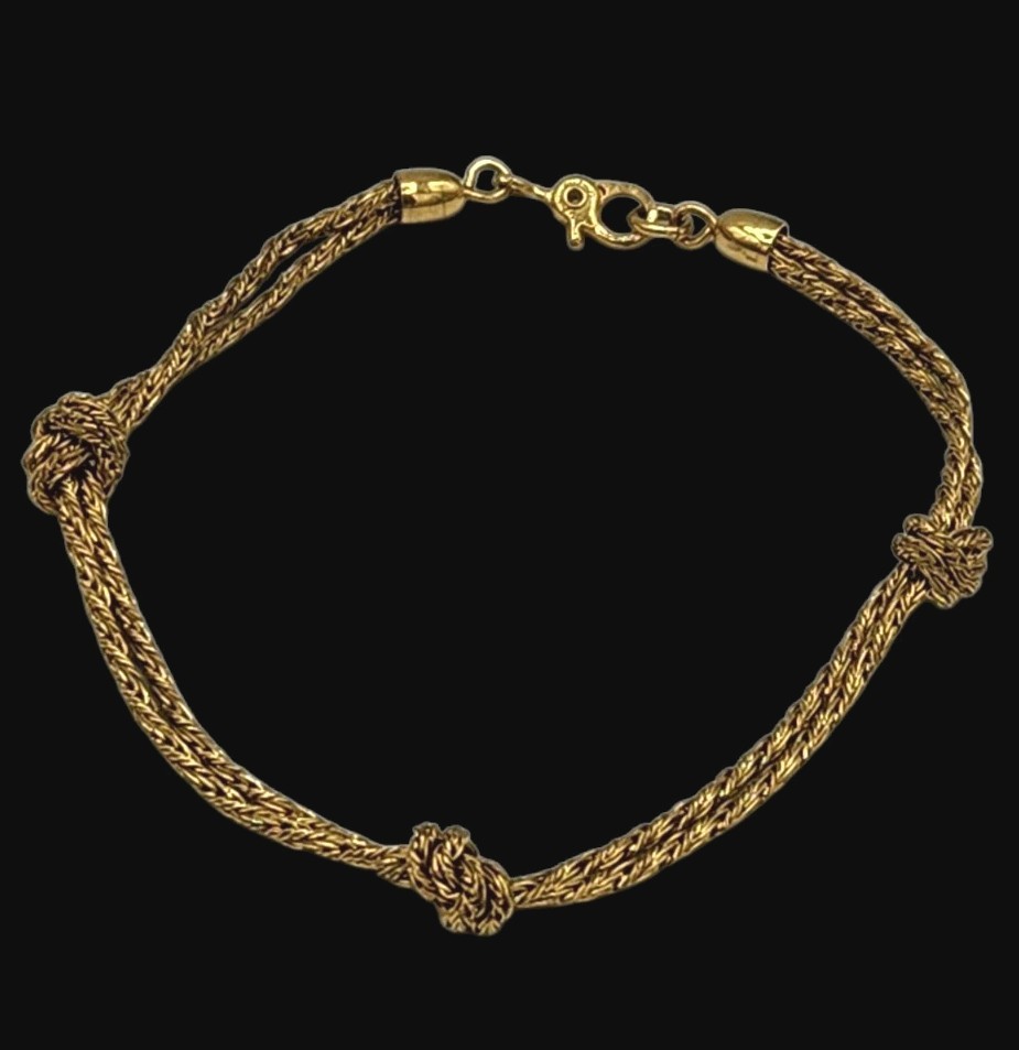 Vtg Double Rope Strands 3 Knotted Chain Yellow Gold Tone Dainty Bracelet 7″