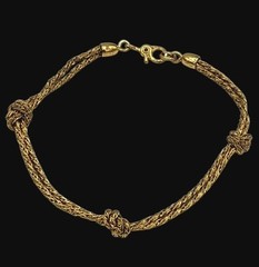 Vtg Double Rope Strands 3 Knotted Chain Yellow Gold Tone Dainty Bracelet 7″