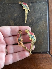 Cloisonné Enamel Parrot Brooch Pin And Earrings Set Gold tone Tropical