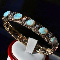 14k y/gold bracelet 5.50ct natural opal diamond 7.0″ bangle antique 25.90g N3216