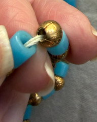 1920s Art Deco Czech Turquoise Glass Bead & Brass Necklace 56″ Flapper Strand