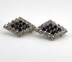 Vintage. Brilliant Black & Clear Diamond Shape Rhinestone Clip Earrings. 1.50”