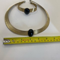 Modern Revival Silver/Gold Tone Wire Choker & Bracelet Set with Black Stone