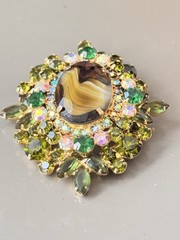 Vintage Verified JULIANA Green Art Glass Bracelet Brooch/Pendant Earring Set