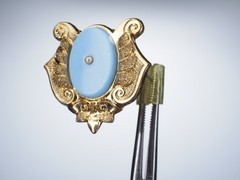 Antique gold brooch blue opaline glass hollow pin tube hinge C-clasp jewelry