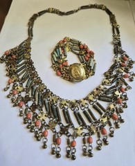 Vintage Egyptian Revival Faience Style Bib Necklace & Bracelet Brass Tone READ