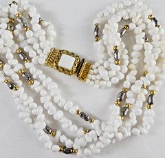 Vintage White Multi Strand Necklace Silver & Gold Spacers Ornate Clasp