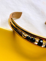 Vtg Sergio Lub CUFF BRACELET Black Onyx & Clear Beaded US Brushed Gold Tone NWOT