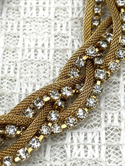 BRAIDED Goldtone Mesh & Clear Rhinestone 15″ Necklace & 1-1/4 x 1″ Clip Earrings