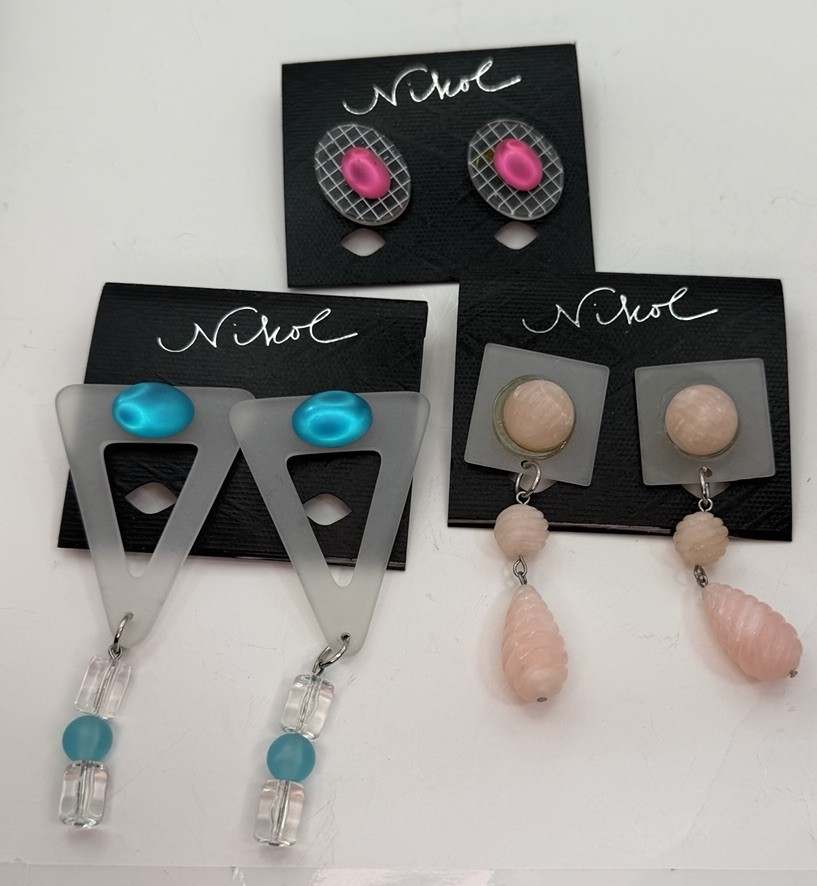 Vintage 80s Nikol Lucite Earrings Jewelry Lot 3 Pair Geometric Plastic Pink NOS
