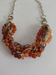 Vintage Amber Style Composite Beads Metal Gold Tone Chain Necklace Boho