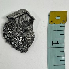 Vintage Birds & Blooms Bird House Brooch Pin in Pewter Limited Edition 1997