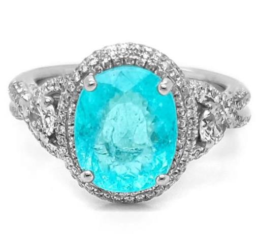 LARGE 4.59CT DIAMOND & AAA PARAIBA TOURMALINE 18KT WHITE GOLD 3D ENGAGEMENT RING