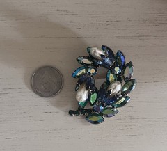 Vintage Blue Green Gold Tone Leaf Crystal Spray Navette Pearl Peacock AB Brooch
