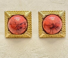 Designer M Jent Signed Faux Round Coral Cab Gold Tone Square Pierced Earrings