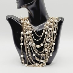 Elegant Multi Chain Bead Faux Pearl Gold Tone Layered Necklace Vintage 18 Inch