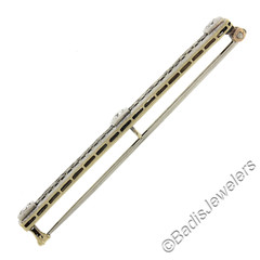 Antique Edwardian Platinum Top 14k Yellow Gold Diamond Filigree Bar Pin Brooch