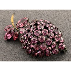 Vintage Warner Brooch Pink Rhinestone Fruit Berry Gold Tone Signed 1.75in
