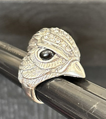 Silver Tone Statement Bird Head Ring Clear Rhinestones Faux Onyx Eyes Size 6.5