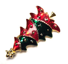 Vintage Signed AAI Gold Tone Red & Green Enamel Christmas Tree Pin / Brooch
