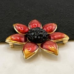 Vintage Swarovski Flower Brooch Red Enamel Black Swarovski Crystals Gold Tone