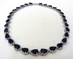 PRONG-SET SAPPHIRE BLUE PEAR SHAPED GLASS SILVER RHODIUM PLATED CLASSIC NECKLACE