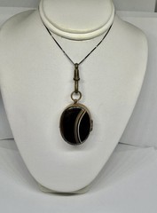 Victorian Double Sided Oval Banded Agate & Agate Locket Pendant Necklace 18”