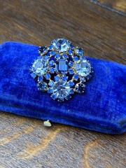 Vintage Blue Brooch Rhinestone Cluster Goldtone Sapphire Light Blue Pin 1.75”