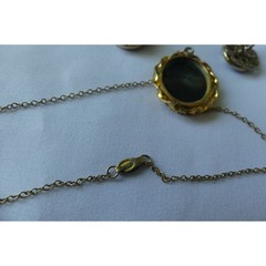 Vtg Cameo Necklace and Screw Back Earrings Set Gold Tone Black Rhinestone 3pc