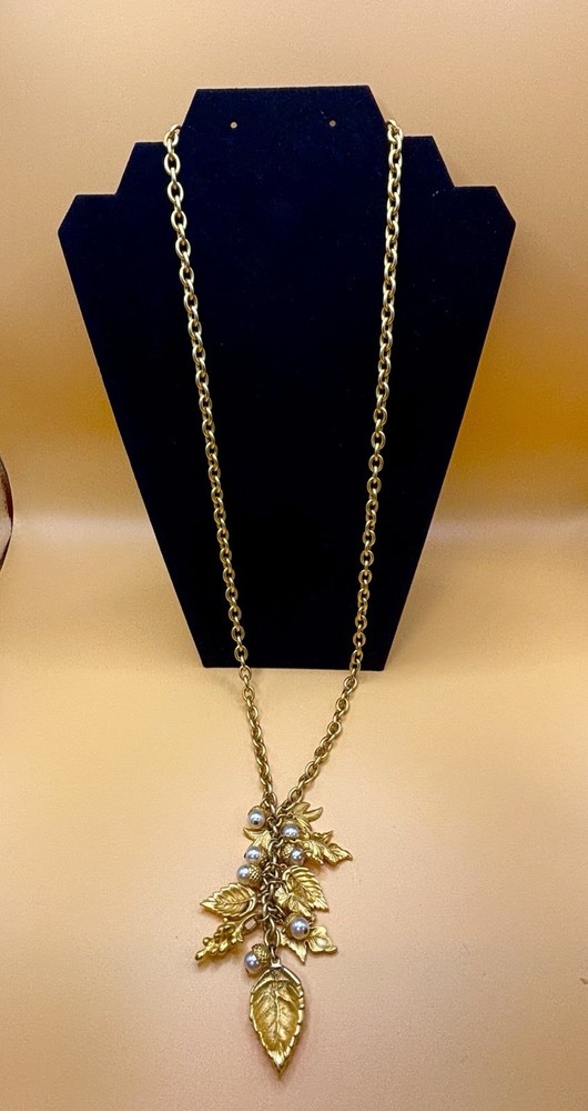 Georgiou Vintage Matte Gold Faux Pearl Acorn Cascading Leaf Necklace 30″