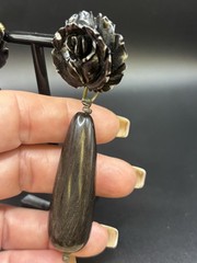 VTG MASHA ARCHER HAND CARVED ROSES/COW BONE. DANGLES OF TINTED BUFFALO HORN.