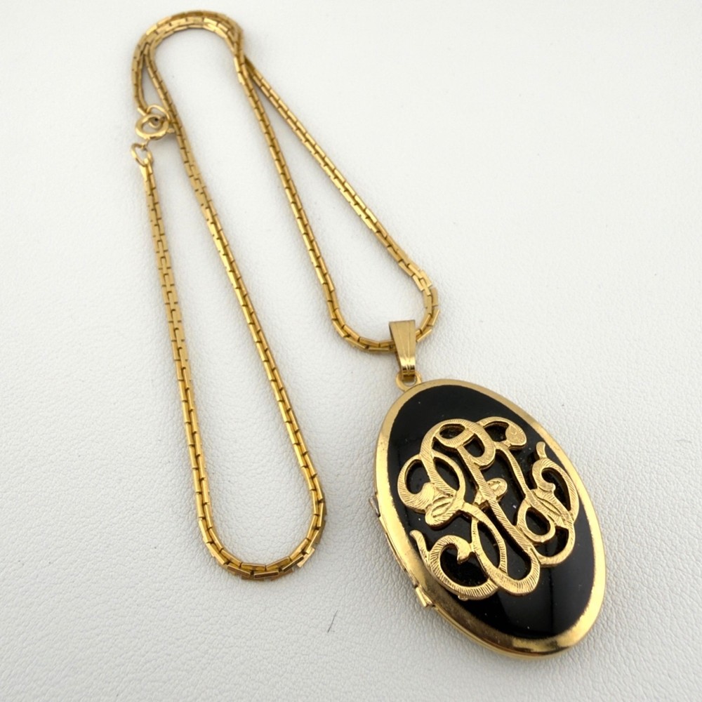 Vintage Gold Tone Black Oval Monogram Locket Necklace