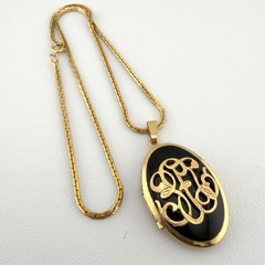Vintage Gold Tone Black Oval Monogram Locket Necklace