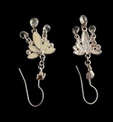 Vtg Silvertone Dangle White Enamel Petals & Clear Crystals French Wire Earrings