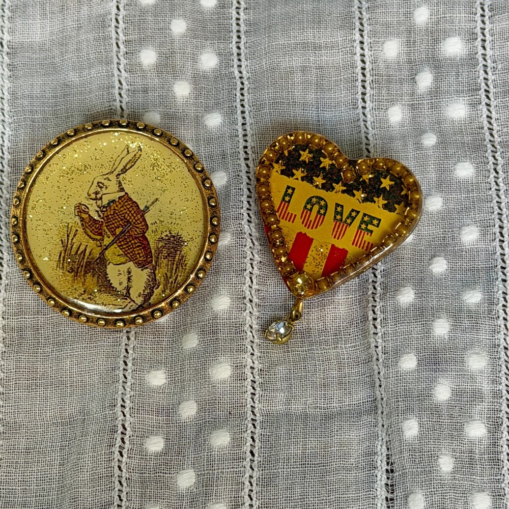 2 Maximal Art Pins a Heart Shaped “LOVE ” and a Rabbit Portrait Pin 1980s