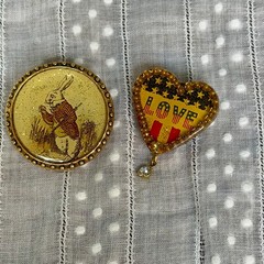 2 Maximal Art Pins a Heart Shaped “LOVE ” and a Rabbit Portrait Pin 1980s
