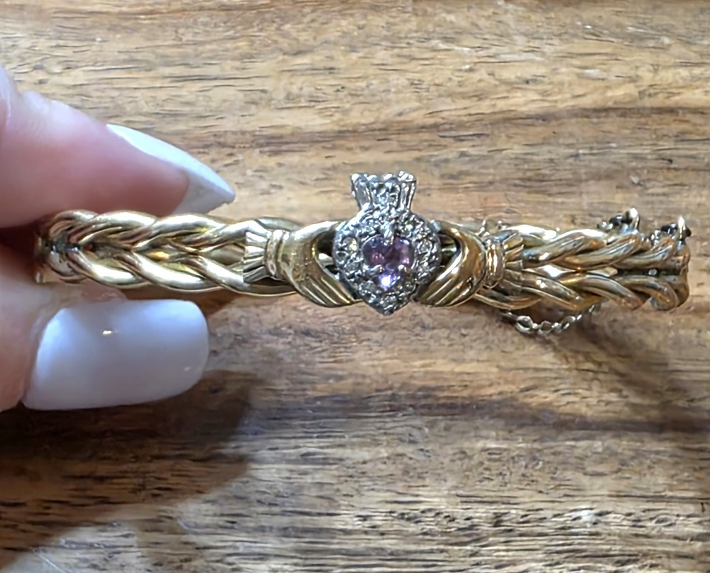 Vintage 1/20 9k Gold Filled Amethyst & Diamond Claddagh Bangle Bracelet
