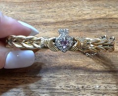 Vintage 1/20 9k Gold Filled Amethyst & Diamond Claddagh Bangle Bracelet