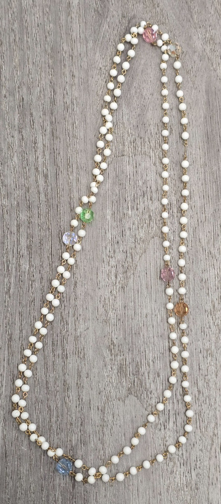 Vintage White Bead Necklace 28in Gold Tone Chain Multi Color Glass Accents