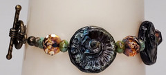 VTG Colorful Glass Beads Brass Toggle Bracelet Boho Art Glass Ammonite Fossils