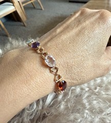 Vintage C.1950s 14Kt Rose Gold Natural Oval Multi-Gemstones Link Bracelet 7.5”in