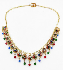 Vintage Festive Gold Tone Colorful Cage Bead Necklace Red Green Blue 21″