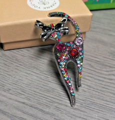 Silver Tone Multi Colored Rhinestone Cat Brooch