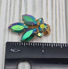 VTG Peacock Iridescent AB Crystal Gold Tone Clip On Earrings Prom Formal