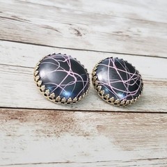 Vintage Clip On Earrings 1 & 1/8″ Large Black, Pink, Gold Tone, Artistic Retro