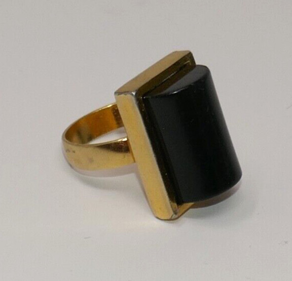 Lanvin Paris Gold Tone and Black Geometric Adjustable Cocktail Ring Size 8 RARE