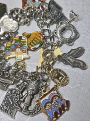 LOADED Rare Vintage Silver Metal & Enamel TOPS Charms with Bracelet 8″