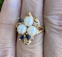 Vintage 14kt yg 3 5.7mm pearls, diamonds & marquise sapphire cluster ring GVT1-L