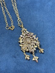 Vintage 60s Hollycraft Ornate Rhinestone Necklace Pendant Yellow Brown Gold Tone