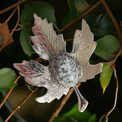 Vtg Jasper Stone Maple Leaf Brooch Pin Cabochon Silver Tone Autumn Harvest Fall